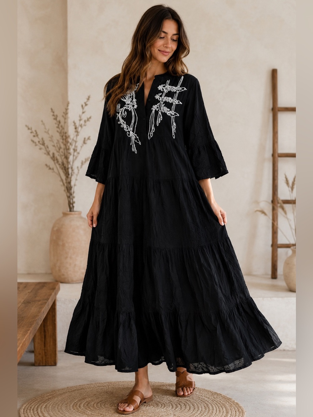 NWOT POL Black Embroidered Maxi Dress - Tiered - Bell Sleeves